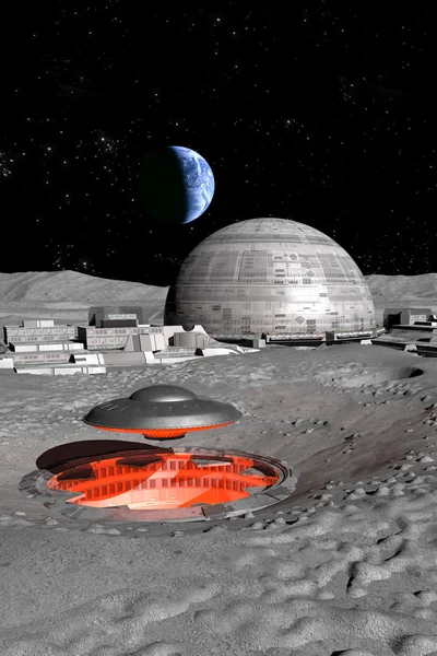 Base extraterrestre OVNI en la luna — Foto de Stock