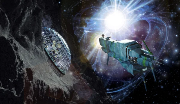 Космический корабль и астероид — стоковое фото