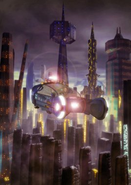 Futuristic city and flying car clipart