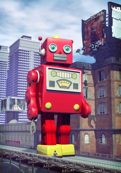 Gigante estanho brinquedo robô e cidade — Fotografia de Stock