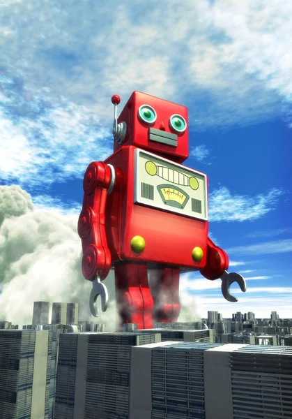 Robot gigante de juguete de lata y ciudad — Foto de Stock