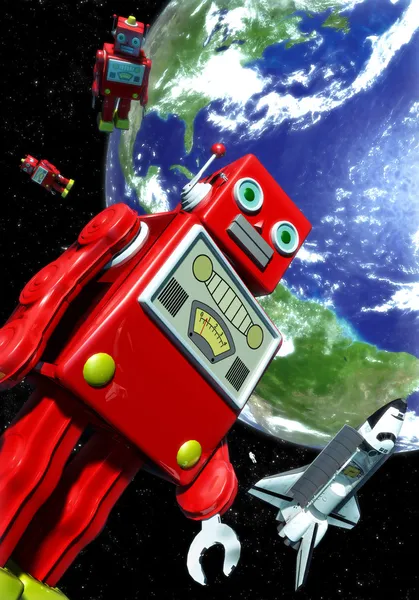 Dev teneke oyuncak robot ve uzay mekiği — Stok fotoğraf