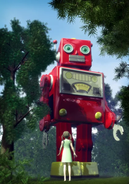 Obří plechová hračka robot a zahradní dívka — Stock fotografie