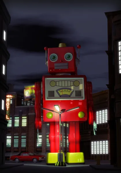 Robot zabawka gigantycznych cyny i ulica w nocy — Zdjęcie stockowe