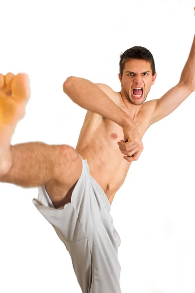 Hombre haciendo una patada de karate — Foto de Stock