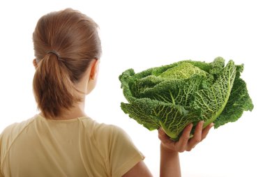 Woman holding savoy cabbage - isolated clipart