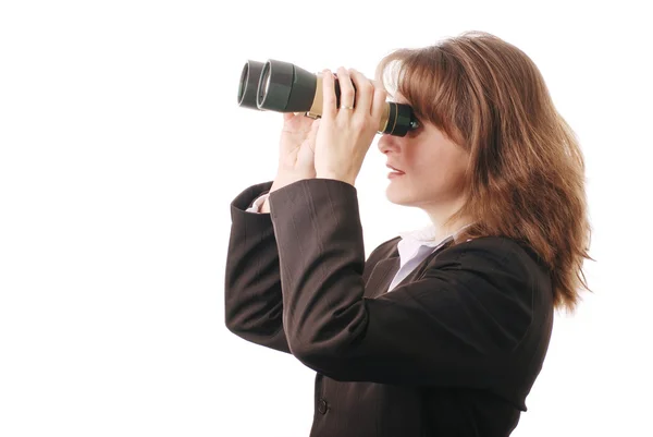 Attractive business woman with binoculars - isolated — Stock Photo, Image