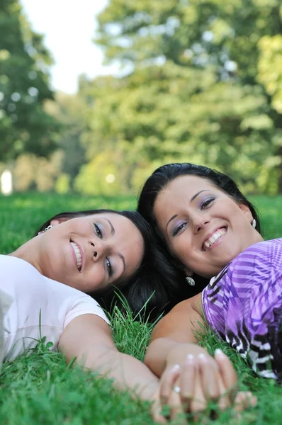 Two friends lying outdoors in grass holding hands — Stock Photo, Image