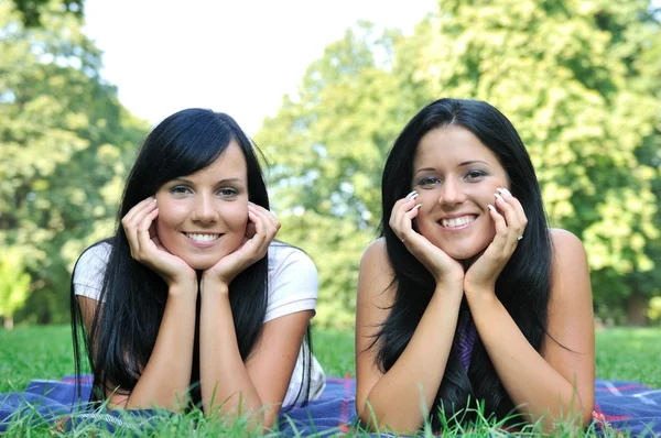 Two happy friends lying outdoors in grass — Stock Photo, Image