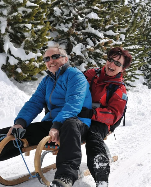 Senior couple on sledge enjoying life — Stock Photo, Image