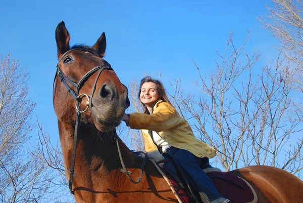 上大 browm 马骑的女人 — 图库照片