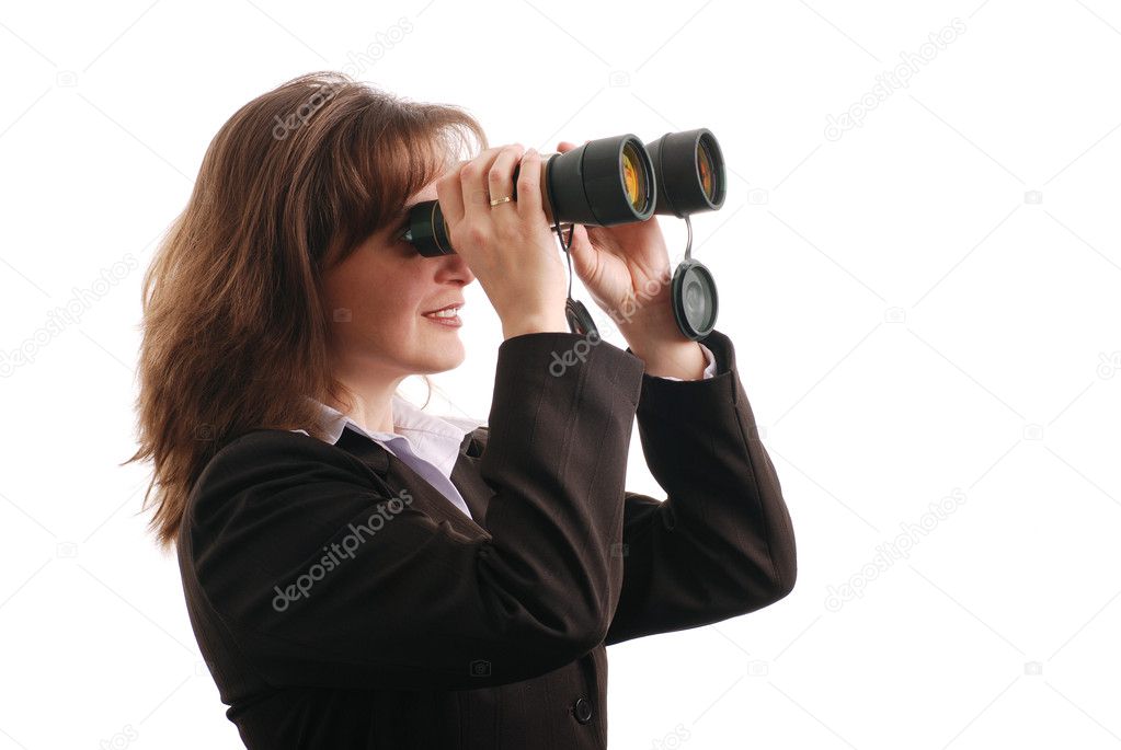 Attractive business woman with binoculars - isolated