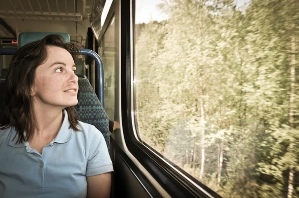 Young woman travelling by train — Stock Photo, Image
