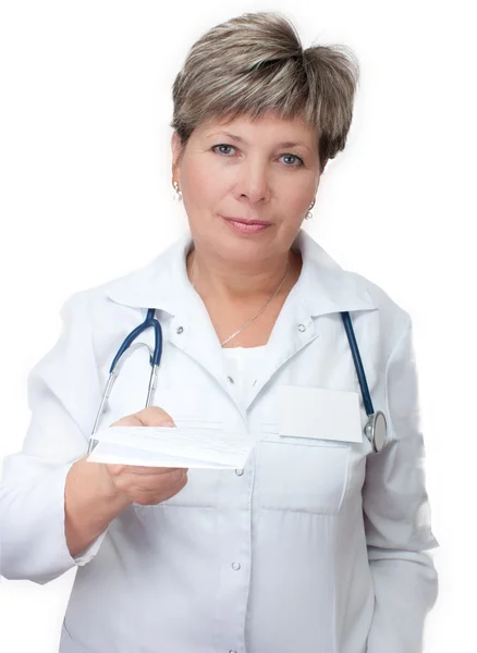 Woman doctor holding a prescription — Stock Photo, Image