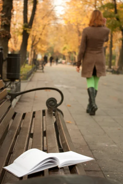 Kirja vasemmalla penkillä syksyllä puistossa — kuvapankkivalokuva