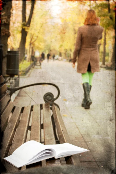 Livro deixado em um parque, foto em estilo vintage — Fotografia de Stock
