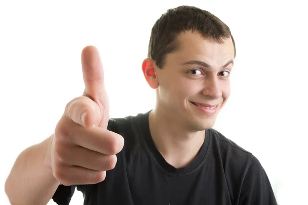 Homem feliz apontando dedo — Fotografia de Stock