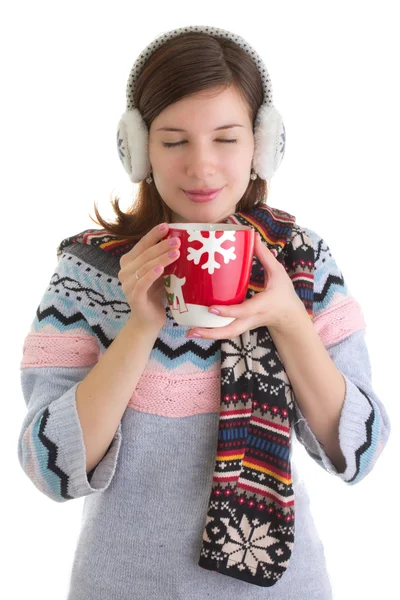 Winter girl with hot beverage — Stock Photo, Image