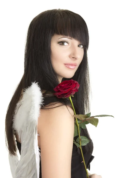 Красива жінка ангела з трояндою — стокове фото
