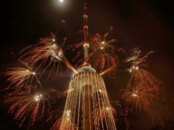 Fireworks on TV tower — Stock Photo, Image