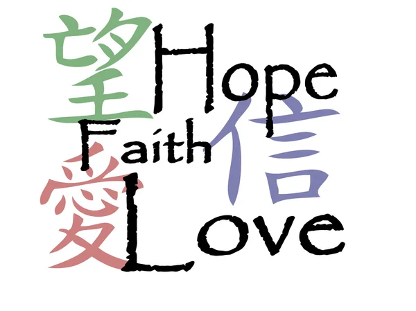 Chinesische Symbole für Hoffnung, Glauben und Liebe — Stockvektor