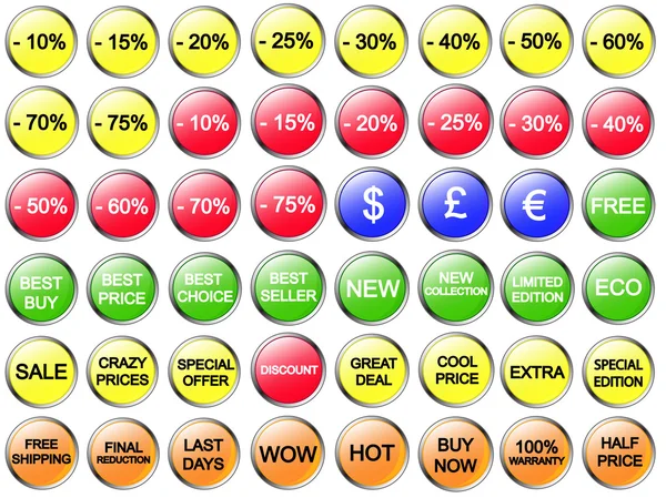 İndirim düğmelerinin farklı renklerde koleksiyonu — Stok Vektör