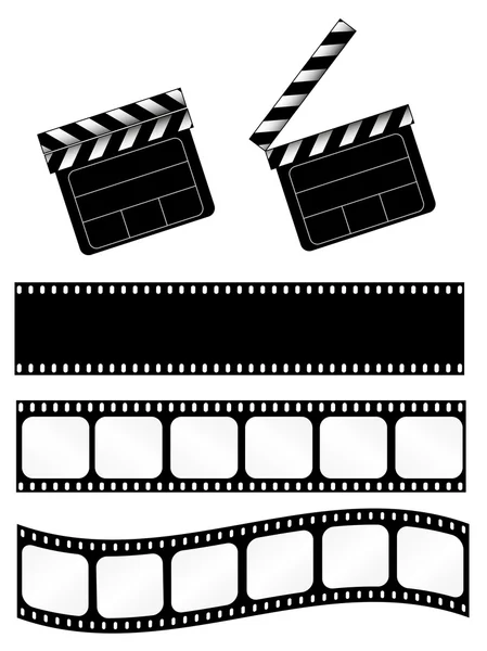 Open and closed movie clapper + 3 film strips — Stock Vector