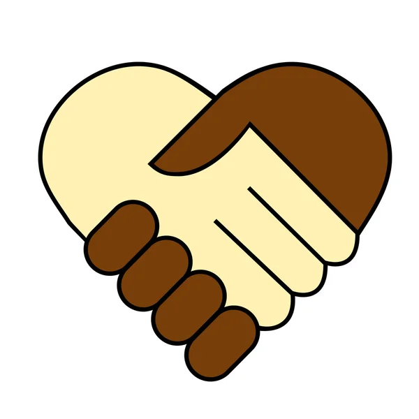 Hand shake between black and white man, heart shaped symbol — Stock Vector