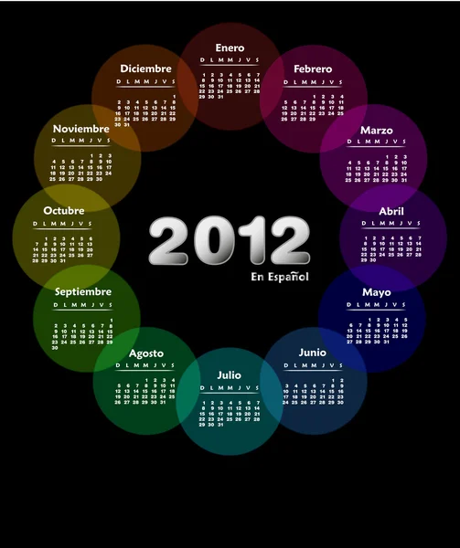 Πολύχρωμο ημερολόγιο 2012 στα ισπανικά. την εβδομάδα που ξεκινά την Κυριακή. — Διανυσματικό Αρχείο