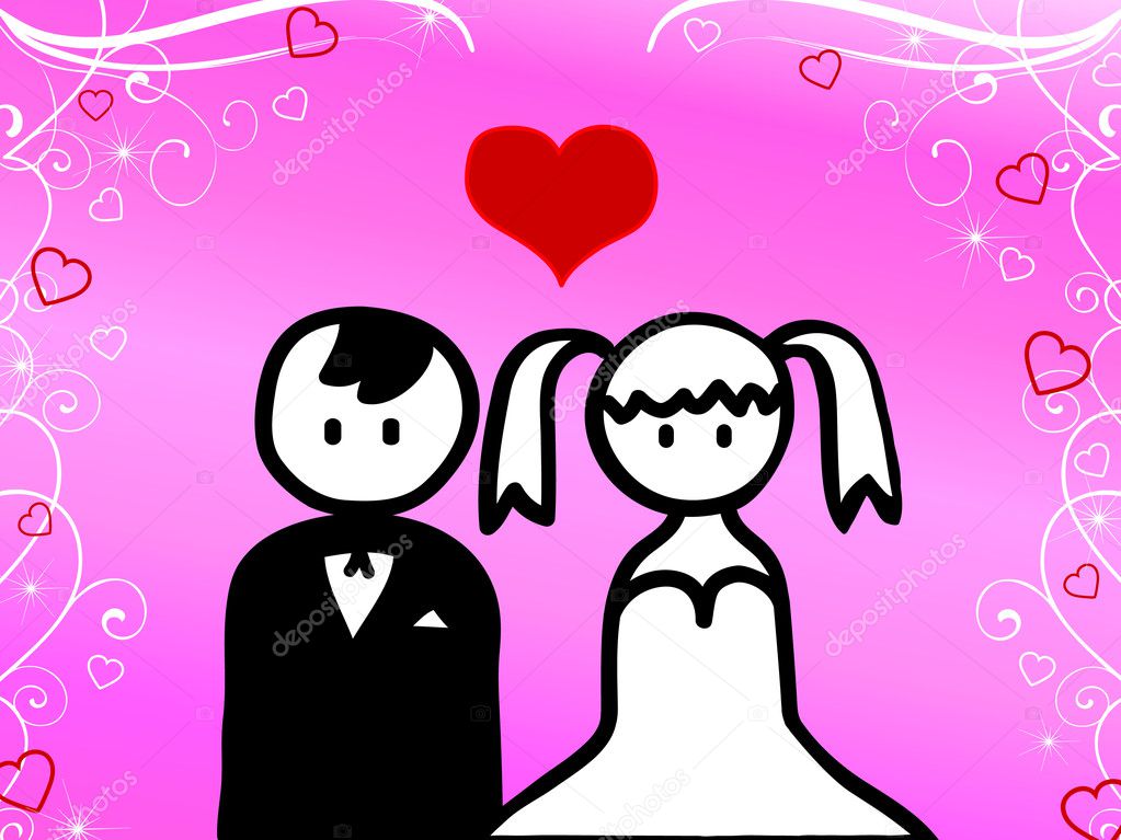 Cartoon of young couple getting married