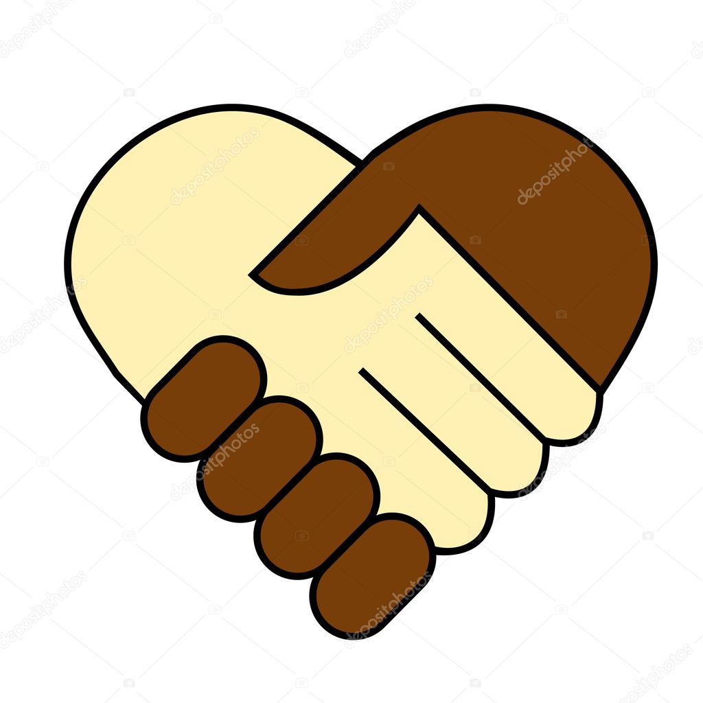 Hand shake between black and white man, heart shaped symbol