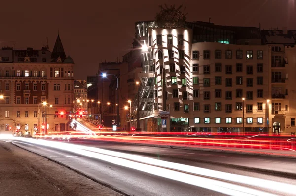 stock image Dancing house at night, Prague, Czech Republic