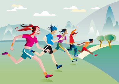 Boys and girls running across field clipart