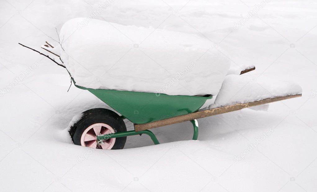 Wheelbarrow coverd in snow