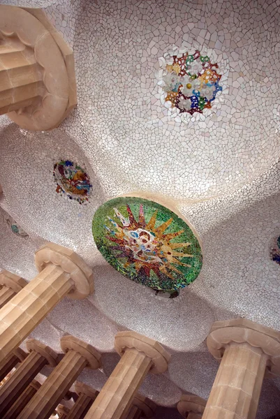 Hall with mosaic sun at ceiling, at Guell Park, Barcelona, Spain — Stock Photo, Image