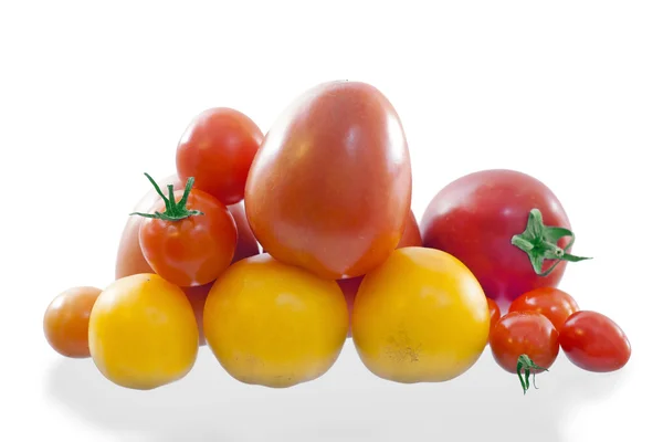 Červená žlutá rajčata na bílém pozadí — Stock fotografie