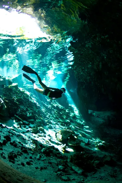 Free diver at an entrance to Cenote — Stock Photo, Image