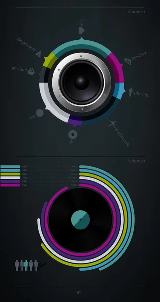 Elementos musicais infográficos com vinil e alto-falante — Vetor de Stock