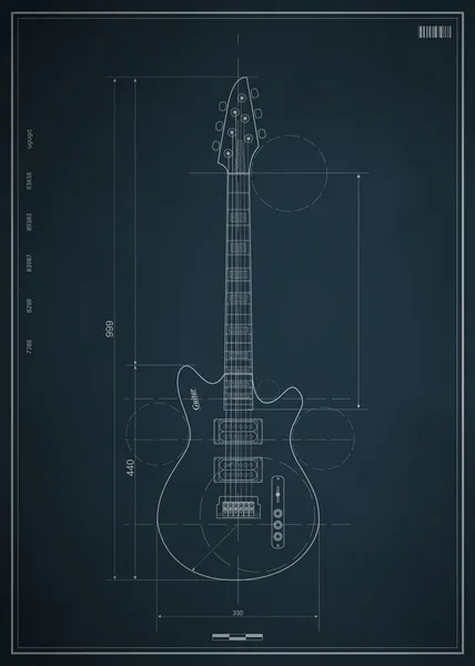 Guitarra eléctrica Blueprint con las dimensiones sobre papel — Archivo Imágenes Vectoriales
