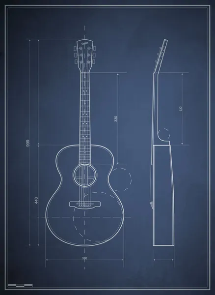 Blueprint drawing six-acoustic guitar — Stock Vector