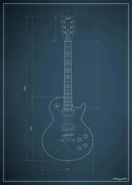 紙の上の次元を持つ青写真エレク トリック ギター — ストックベクタ