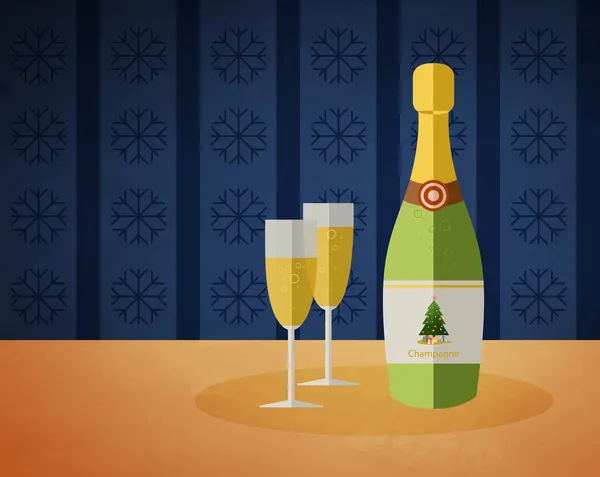 Nový rok láhev šampaňského a dvě sklenice s nápojem — Stockový vektor