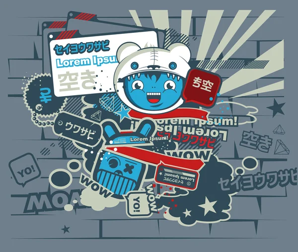 Graffiti personagem azul no estilo japonês. desenho animado . — Vetor de Stock
