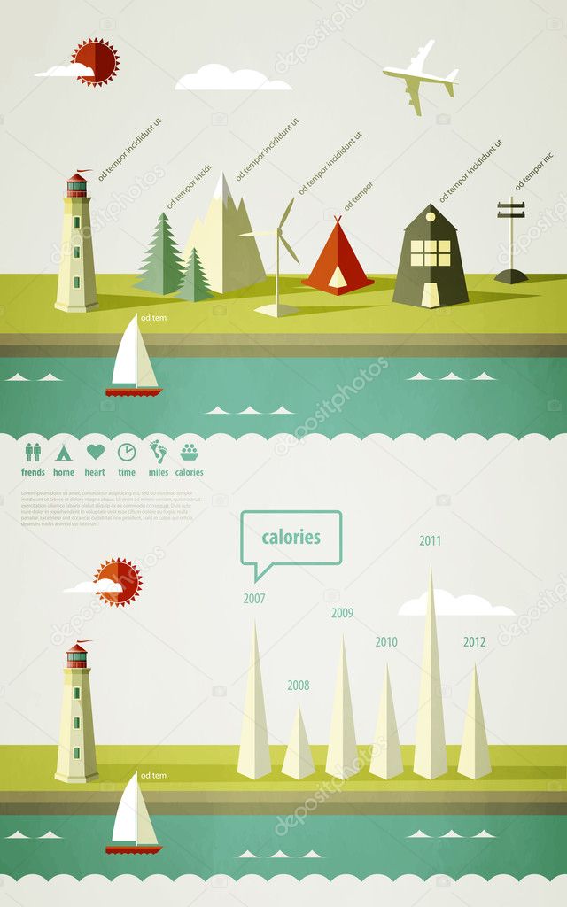 Infographics elements with a lighthouse on the landscape