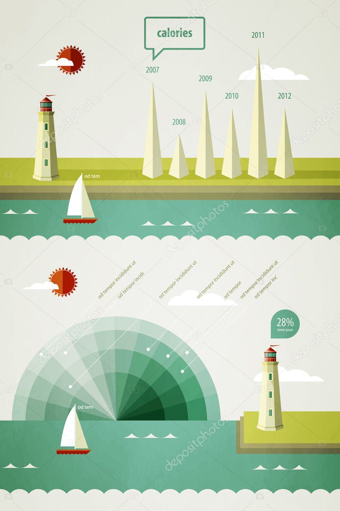 Infographics elements with a lighthouse on the landscape