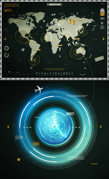 Elemente infografice ale hărții lumii și sonar — Vector de stoc