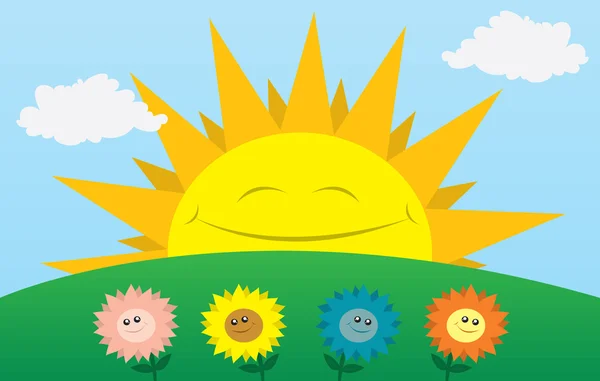 Glada solen med blommor — Stock vektor