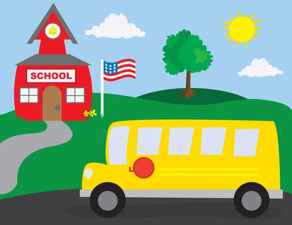 Школьный автобус и школа — стоковый вектор