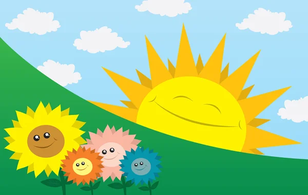 Szczęśliwy słońce z kwiatami — Wektor stockowy