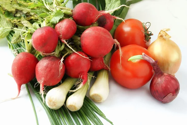 Cebollas, rábano, tirita verde y tomates rojos — Foto de Stock